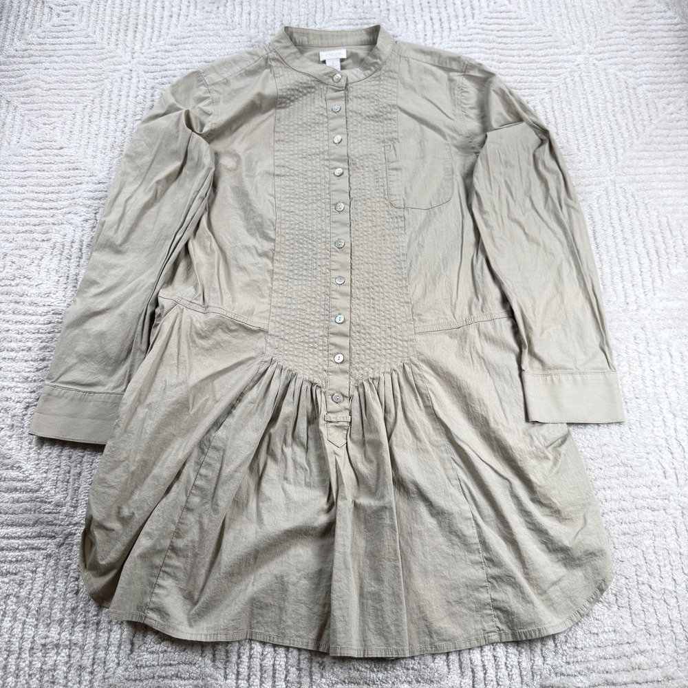 Chico's Tunic Top Women 1 Tan Mandarin Collar Pintuck Minimalist Utility Safari